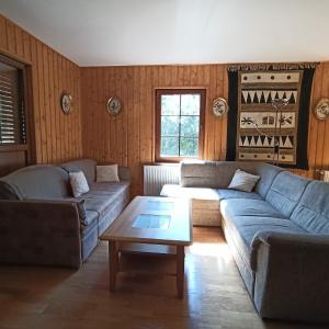 Sala de estar con 2 sofás y mesa de centro en Abgeschiedene Berghütte mit 6 Schlafzimmern, umgeben von einem Pinienwald, en Rudanovac
