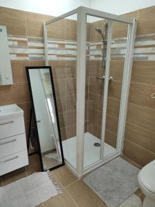 um chuveiro com uma porta de vidro na casa de banho em studio independant avec jardin au calme em Neuilly-Plaisance