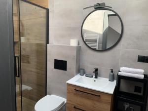 bagno con lavandino e specchio di Apartamenty Nad Zimnikiem a Lipowa