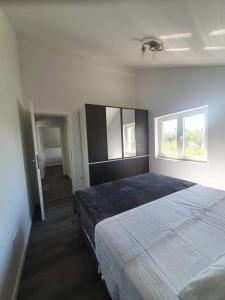 um quarto com uma cama grande e 2 janelas em Apartmani Franka em Privlaka