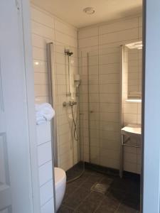 UlvsvågUlvsvåg Gjestgiveri og Fjordcamping AS的带淋浴、马桶和水槽的浴室