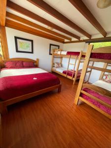 2 letti a castello in una camera con pavimenti in legno. di Hacienda Le Plus a Quito