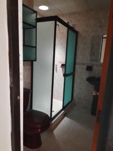 een badkamer met een douche, een toilet en een wastafel bij Hostal las flores de Valledupar in Valledupar