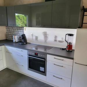 a kitchen with white cabinets and a sink and a blender at Ferienhaus Rottweil Neufra in Rottweil