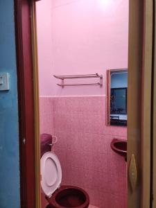 een roze badkamer met een toilet en een spiegel bij Deummah Guest Room in Cukai