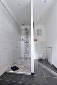 a white bathroom with a shower and a tub at Chambres Beauvais in Beauvais