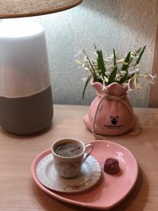 a cup of coffee on a pink plate on a table at Cozy House in Tʼelavi