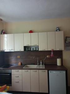 una cocina con armarios blancos y fregadero en Family Hotel Shisharka, en Batak