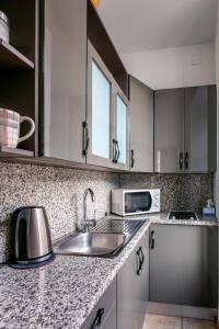 a kitchen with a sink and a microwave at Ars Vivendi Rezidence in Rīga
