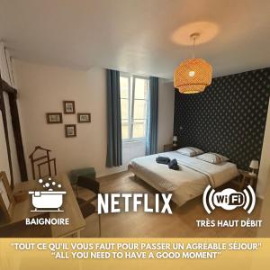 een slaapkamer met een bed en een hanglamp bij Au colombage de Chalon, centre ville quartier historique in Chalon-sur-Saône