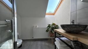 uma casa de banho com um lavatório e um WC em La Casa Verde em Buşteni