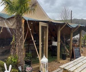 a tent with a palm tree in a garden at Herons Lake Retreat Lodges in Caerwys