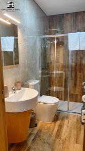 a bathroom with a sink and a shower and a toilet at Casa Central D'ouro in Tabuaço