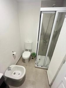 a bathroom with a toilet and a shower and a sink at Apart Goleta Florencia in Ushuaia