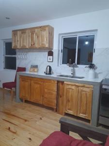 cocina con armarios de madera, fregadero y ventana en Mirador de Estrellas en Tupungato
