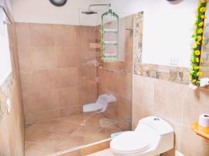 a bathroom with a toilet and a shower at casa Hotel la Tranquera in Villa de Leyva