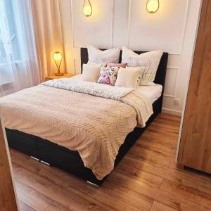 クリニツァ・モルスカにあるContinental Apartament przy plazyのベッドルームに大型ベッド1台(枕付)