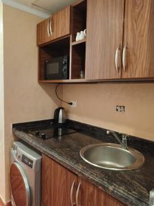a small kitchen with a sink and a microwave at شاليه في بورتو مارينا للايجار in Abû Zeira