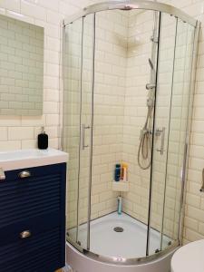 La salle de bains est pourvue d'une douche et d'un lavabo. dans l'établissement Charming Central Apartments, à Cluj-Napoca