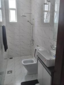 een witte badkamer met een toilet en een wastafel bij Seaside 9 in Colombo