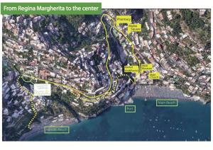a map of a freewayrouteroute to the center at Regina Margherita in Positano