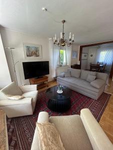 ein Wohnzimmer mit Couch und Fernseher in der Unterkunft Eichendorff Garten Apartment, zentrumsnah, in direkter Nähe zur Universität in Bayreuth