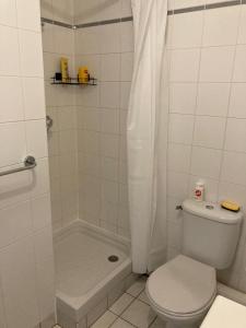 een witte badkamer met een toilet en een douche bij Cocon de Rueil-Malmaison in Rueil-Malmaison