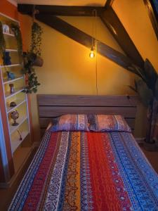 - une chambre avec un lit doté d'un couvre-lit coloré dans l'établissement Appartement Atypique, à Soultz-Haut-Rhin