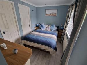 a small bedroom with a bed with blue walls at Windermere lodge,sleeps 6 in Windermere
