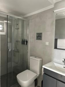 a bathroom with a toilet and a shower and a sink at Mary Lo Guest House in Nydri +3 photos