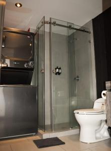 een badkamer met een douche, een toilet en een televisie bij Moderno Departamento con terraza pegado a la condesa in Mexico-Stad