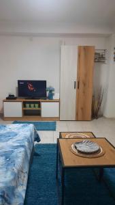 a room with a bed and a table and a tv at Blue Serenity Apartment in Ohrid