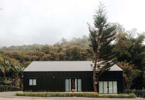 a black house with a pine tree in front of it at 360 Black Cabin CNX in Ban Tai