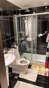 y baño con aseo, lavabo y ducha. en Fully furnished 135m2 apartment with 4 rooms in Crystal town near by Dunjingarav Market, en Ulán Bator