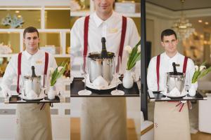 two pictures of a chef holding a tray with a bottle of wine at Vissi d'Arte Serviced Apartments in Budva