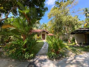 a house with a palm tree next to a road at Angelica Villa in Bentota
