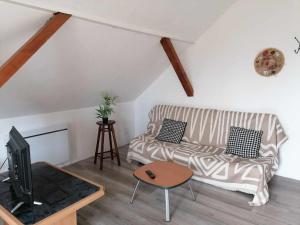 ein Wohnzimmer mit einem Sofa und einem TV in der Unterkunft gite La Forêt in Ungersheim