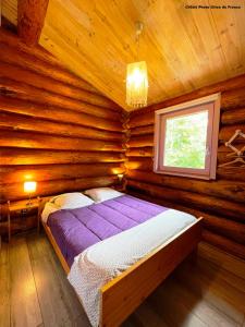um quarto com uma cama num chalé de madeira em Pialous:Chalet en rondins avec Espace Détente em La Chapelle-dʼAurec