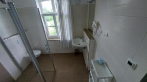 y baño con ducha, aseo y lavamanos. en Gasthuus Ulenhoff, en Westoverledingen