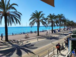 a view of a beach with palm trees and the ocean at Beau studio meublé hyper centre Nice in Nice