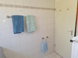 a bathroom with a shower with blue towels on the wall at Zimmer mit Sonnenaufgang und ruhiger Innenhof bei Koberstein in Tutzing