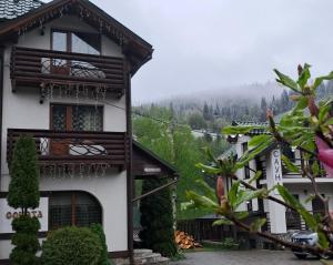 a house with a mountain in the background at Villa Girska Sonata in Mykulychyn