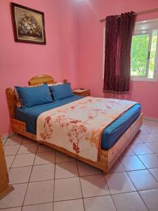 a bedroom with a bed in a pink wall at Maison Touria in Ouzoud