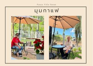 dois homens sentados numa mesa debaixo de um guarda-chuva em Panya Villa Satun ปันหยา วิลล่า สตูล em Ban Nan Ya