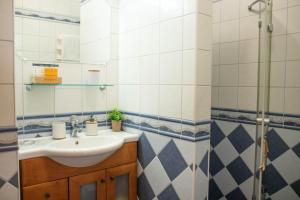 ein Bad mit einem Waschbecken und einer Dusche in der Unterkunft Gárdonyi Apartman in Eger