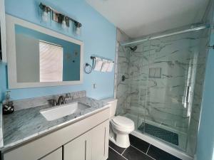 a bathroom with a shower and a sink and a toilet at Cottage Hill Comfort in Mobile +10 photos