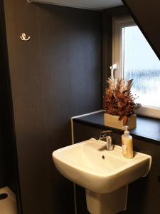 bagno con lavandino bianco e specchio di BELLFIELD HOUSE a Broadford