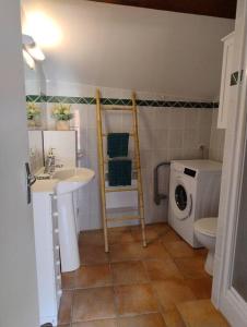 a bathroom with a sink and a washing machine at lou caladou gîte en pierre avec bain à remous in Vallon-Pont-dʼArc