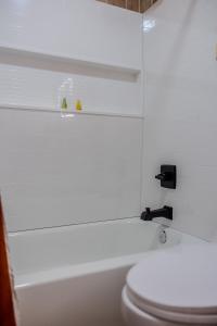 a white bathroom with a toilet and a bath tub at The Beer Dome in Willcox
