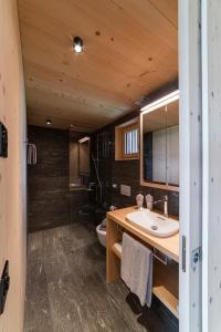 uma casa de banho com um lavatório e um WC em Hotel Le Prese em Poschiavo